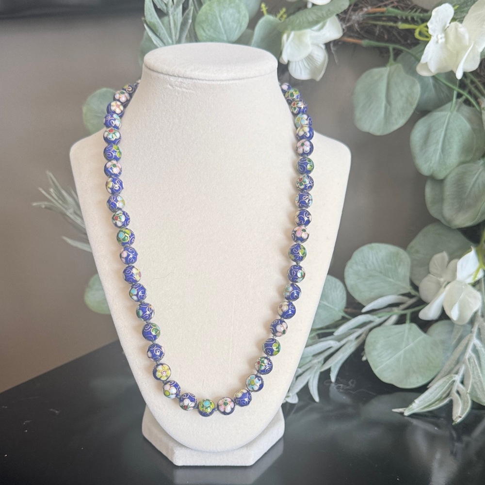 Vintage Cloisonné Bead Necklace – Blue Floral Enamel
